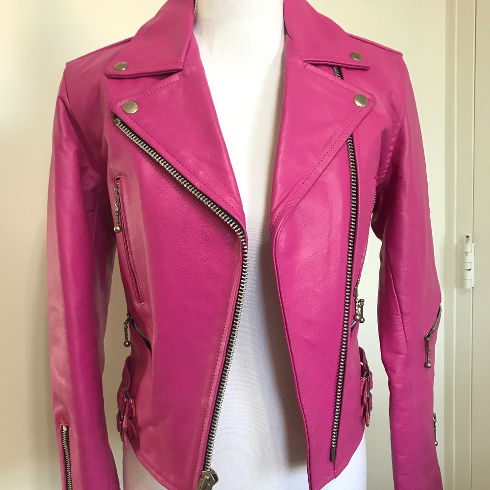 New Straight To Hell Pink Leather Moto Jacket